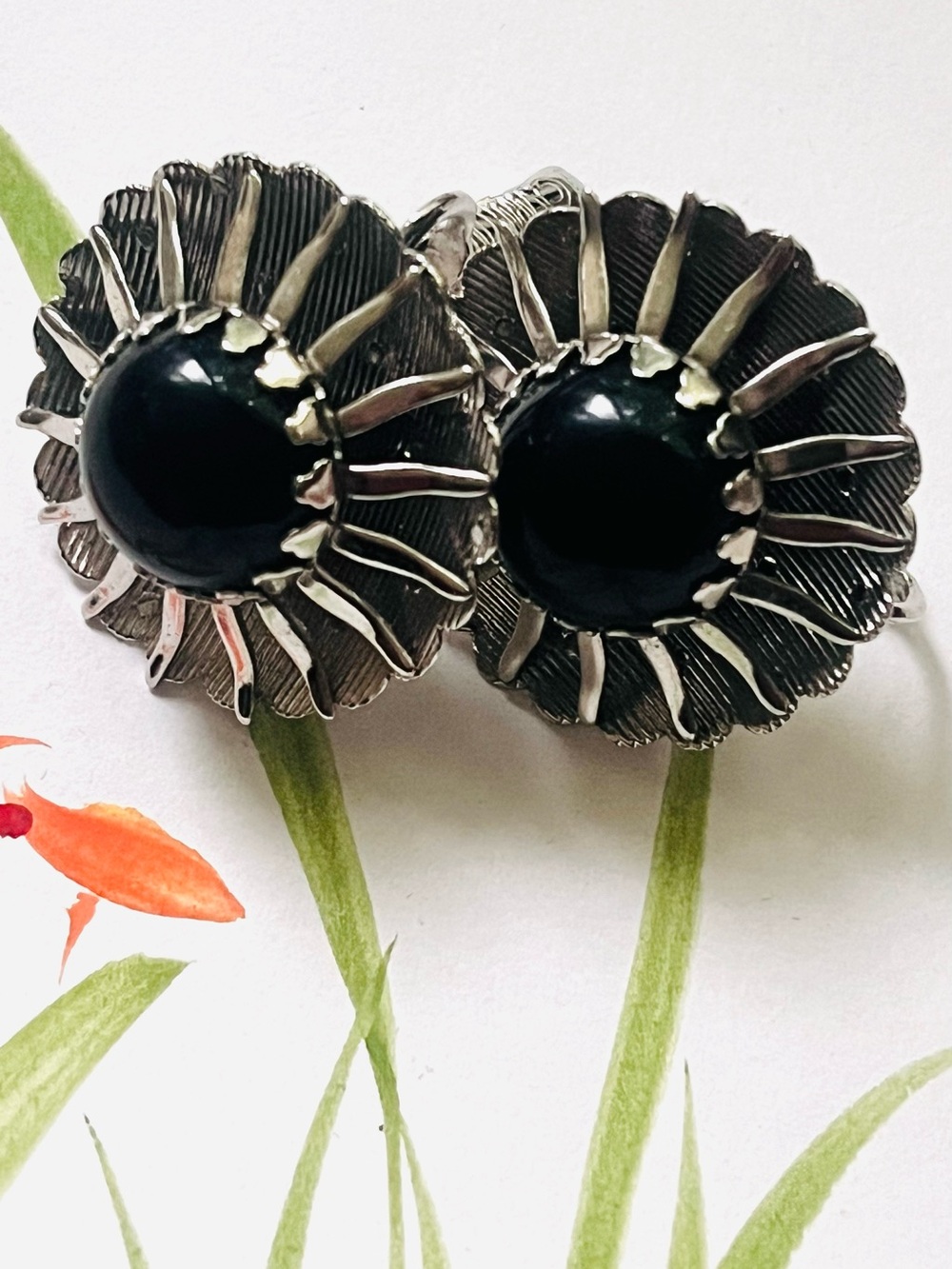 Sterling Silver Black Stone Floral Clip-On Earrings